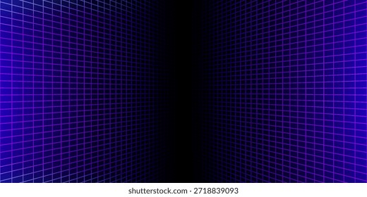 Blauer glühender Neon-Drahtmodell-Hintergrund. Vertikale Gitterebenen in der Perspektive glänzen. Retro futuristische Tiefe Tapete. Arcade-Spiel sci fi diagonale Matrix-Oberfläche Hintergrund für Poster, Banner. Vektorgrafik