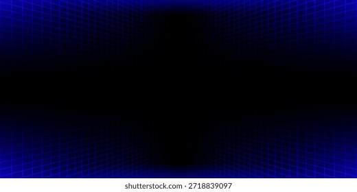 Blauer glühender Neon-Drahtmodell-Hintergrund. Vertikale Gitterebenen in der Perspektive glänzen. Retro futuristische Tiefe Tapete. Arcade-Spiel sci fi diagonale Matrix-Oberfläche Hintergrund für Poster, Banner. Vektorgrafik