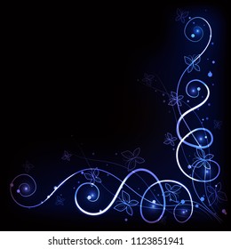 Blue glowing ornate vector background of lines and butterflies
