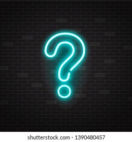 Blue glowing outline neon question mark or sign on black background, ui and ux light icon and bright symbol. Vector illustration of neon question.