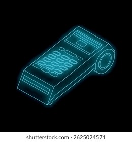 Blue glowing outline of a payment terminal on a dark background, representing digital payment and secure transactions