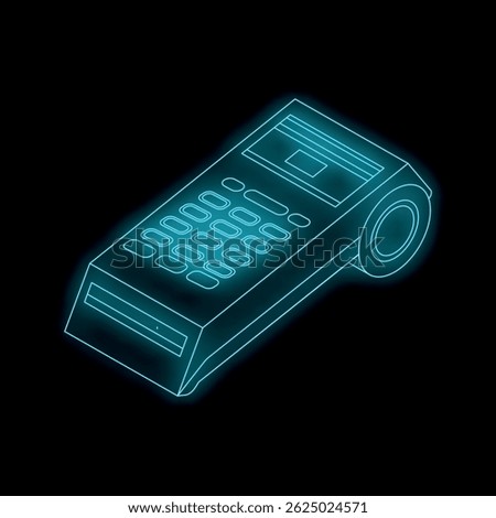 Blue glowing outline of a payment terminal on a dark background, representing digital payment and secure transactions
