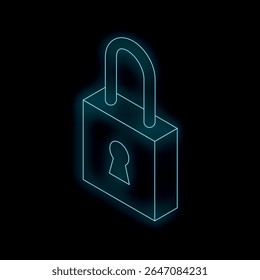 Blue glowing padlock on a black background representing digital security, data protection and privacy
