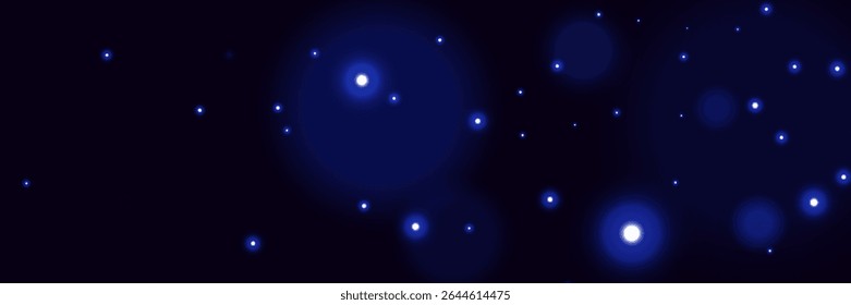 Partículas brilhantes azuis no fundo escuro com efeito de luz bokeh suave e atmosfera cósmica sonhadora