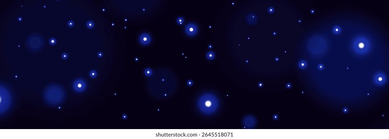 Blaue glühende Partikel auf dunklem Hintergrund mit weichem Bokeh-Lichteffekt und verträumter kosmischer Atmosphäre