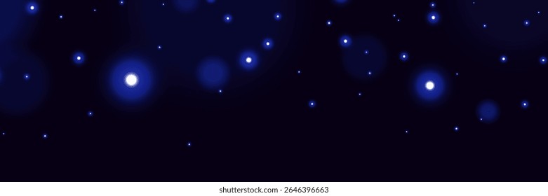 Partículas brilhantes azuis no fundo escuro com efeito de luz bokeh suave e atmosfera cósmica sonhadora