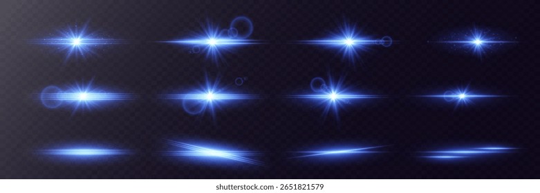 Partículas azuis brilhantes, estrelas. Efeito de brilho no plano de fundo transparente. Ilustração vetorial.
