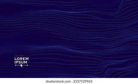 Blue Glowing Particles Wave With Motion Dots. Abstract Digital Technology Background. Concept Connection Big Data. Futuristic Tech Science Presentation Backdrop. Vector Illustration.