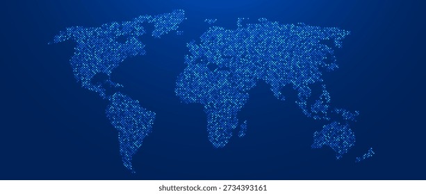 Blaue leuchtende Pixel Weltkarte Konzept. Abstrakte, neonfarbene Weltkarte für Poster, Banner, Broschüre, Flyer, Broschüre, Präsentation. Dunkle Marine Kontinente Infografik Tapete. Vektorgrafik