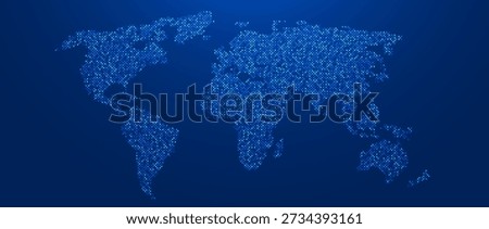 Blue glowing pixel world map concept. Abstract neon dotted globe worldmap for poster, banner, brochure, flyer, booklet, presentation. Dark navy continents infographics wallpaper. Vector illustration
