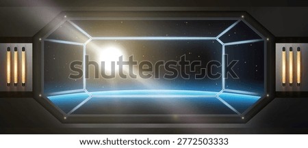 Blue glowing planet horizon with sun in deep space view from spaceship abstract concept. Cosmos, galaxy deep space concept. Vector illustration