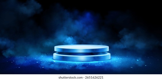 Pódio azul brilhante com efeitos de fumaça - plataforma metálica circular cercada por névoa dramática, partículas de luz flutuando na atmosfera escura para apresentação assustadora, exibição de jogos, design de produtos.