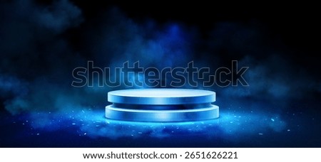 Blue glowing podium with smoke effects - circular metallic platform surrounded by dramatic mist, light particles floating in dark atmosphere for scary presentation, gaming display, product design.