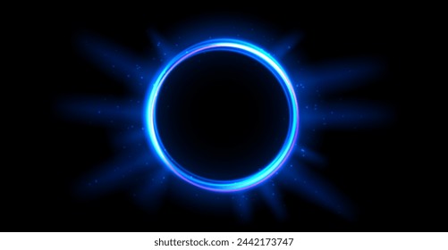 Blue glowing portal concept. Neon hologram teleport on black background. Circle digital gate with aura and beams and rays. Round flare podium template for game, ui, interface. Vector illustration