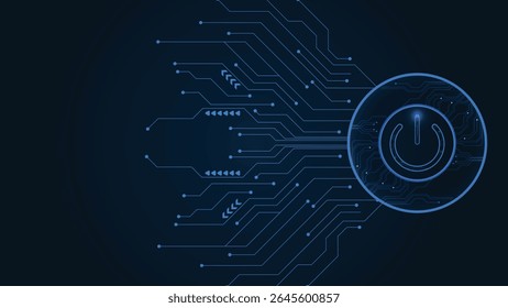 Blue glowing power button on the right side with abstract circuit lines on a dark tech themed background
