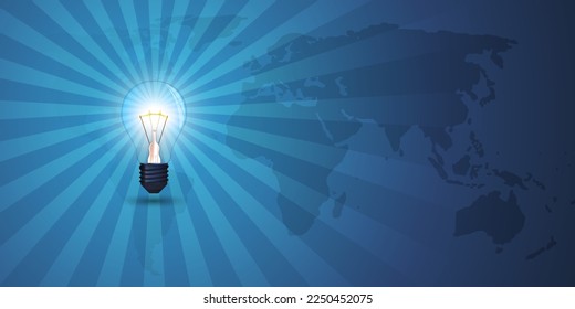 Blue Glowing Radiating Light Bulb, Ideas, Creativity Concept Design Template with Copy Space - Includes Dark World Map, Rays of Light Around - Modern Style Illustration in Editable Vector Format