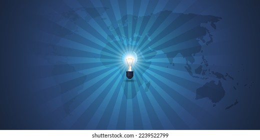 Blue Glowing Radiating Light Bulb,Ideas,Creativity Concept Design Template with Copy Space - Dark World Map Behind a Bulb and Rays of Light Around - Modern Style Illustration in Editable Vector Format