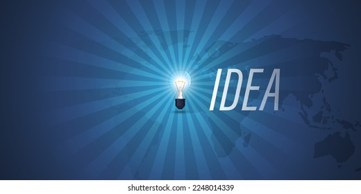 Blue Glowing Radiating Light Bulb,Ideas,Creativity Concept Design Template with Copy Space - Dark World Map Behind a Bulb and Rays of Light Around - Modern Style Illustration in Editable Vector Format