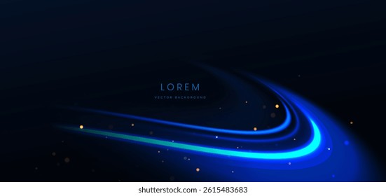 Blue glowing ray curved light on dark background with copy space for text. Technology communication concept, Hi-speed night motion. Vector illustration