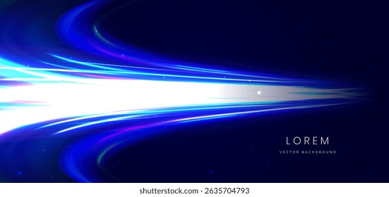 Blue glowing ray curved light on dark background with copy space for text. Technology communication concept, Hi-speed night motion. Vector illustration