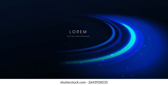 Blue glowing ray curved light on dark background with copy space for text. Technology communication concept, Hi-speed night motion. Vector illustration