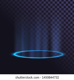 Blue glowing ring, neon pedestal, illuminated circle on the floor