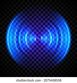 Blue glowing ring. Sonar sound wave. Signal concentric circle. Radio station signal. Water ripple with circle waves isolated on transparent background.