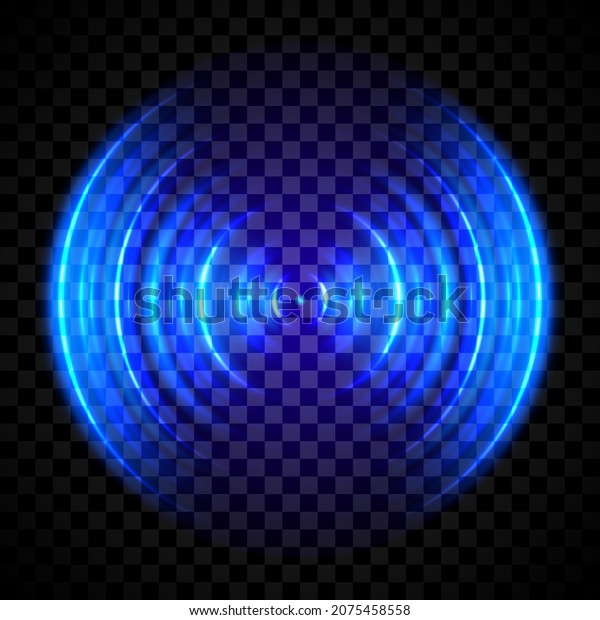 Blue glowing ring. Sonar sound\
wave. Signal concentric circle. Radio station signal. Water ripple\
with circle waves isolated on transparent\
background.