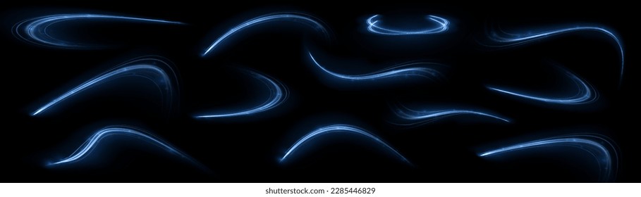 Blue glowing shiny lines effect vector background. Luminous white lines of speed. Light glowing effect. Light trail wave, fire path trace line and incandescence curve twirl.