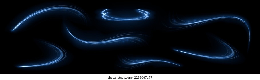 Blue glowing shiny lines effect vector background. Luminous white lines of speed. Light glowing effect. Light trail wave, fire path trace line and incandescence curve twirl.