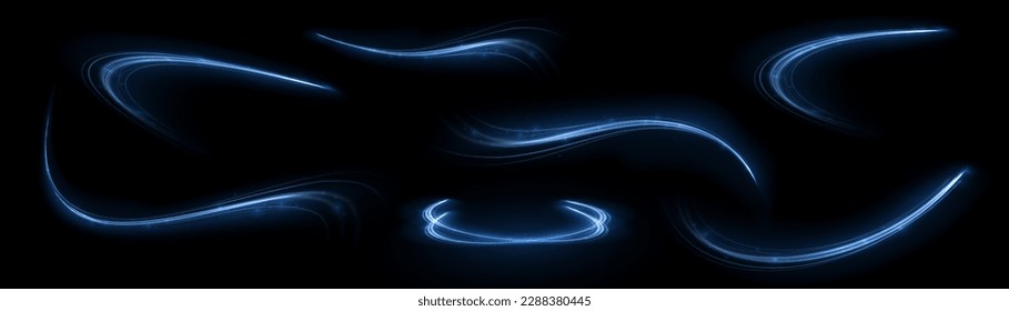 Fondo vectorial de efecto de líneas brillantes azules. Luminosas líneas blancas de velocidad. Efecto luminoso. Ola ligera de senderos, línea de trazos de senderos de incendios y giro de la curva de incandescencia.