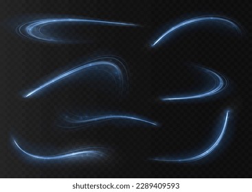 Blue glowing shiny lines effect vector background. Luminous white lines of speed. Light glowing effect. Light trail wave, fire path trace line and incandescence curve twirl.