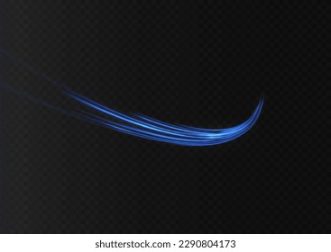 Fondo vectorial de efecto de líneas brillantes azules. Luminosas líneas blancas de velocidad. Efecto luminoso. Ola ligera de senderos, línea de trazos de senderos de incendios y giro de la curva de incandescencia.