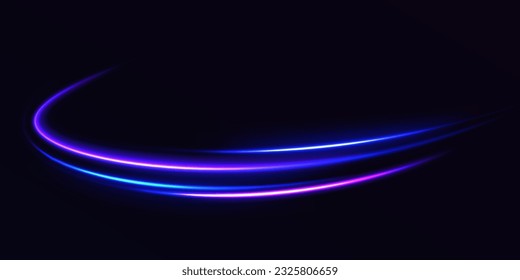 Blue glowing shiny lines effect vector background. Light trail wave, fire path trace line and incandescence curve twirl. Abstract light speed motion effect, blue light trail. 