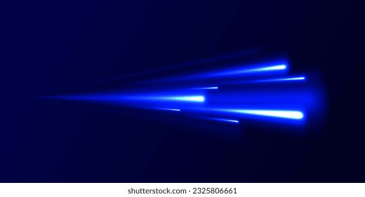 Blue glowing shiny lines effect vector background. Light trail wave, fire path trace line and incandescence curve twirl. Abstract light speed motion effect, blue light trail. 