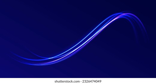 Fondo vectorial de efecto de líneas brillantes azules. Ola ligera de senderos, línea de trazos de senderos de incendios y giro de la curva de incandescencia. Resumen del efecto de movimiento de la velocidad de la luz, traza de luz azul. 