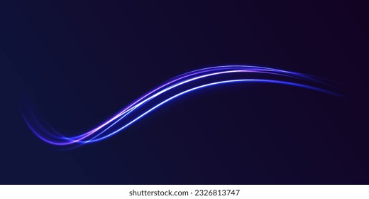 Blue glowing shiny lines effect vector background. Light trail wave, fire path trace line and incandescence curve twirl. Abstract light speed motion effect, blue light trail. 