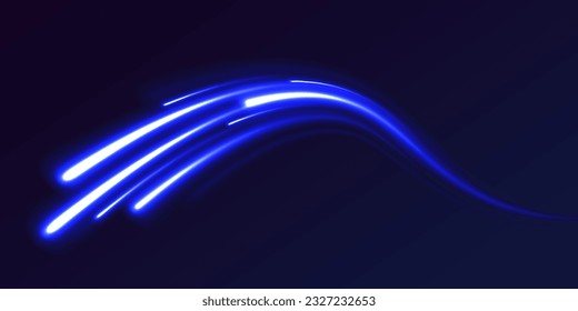 Blue glowing shiny lines effect vector background. Light trail wave, fire path trace line and incandescence curve twirl. Abstract light speed motion effect, blue light trail. 