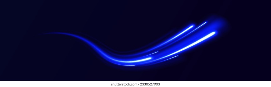 Blue glowing shiny lines effect vector background. Light trail wave, fire path trace line and incandescence curve twirl. Abstract light speed motion effect, blue light trail. 