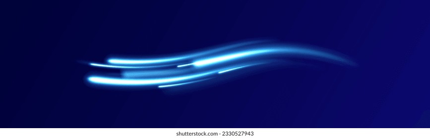Blauleuchtende glänzende Linien wirken Vektorhintergrund. Lichtspurwelle, Brandspurlinie und Bruchkurve drehen. Abstrakter Lichtgeschwindigkeit-Bewegungseffekt, blauer Lichtweg. 