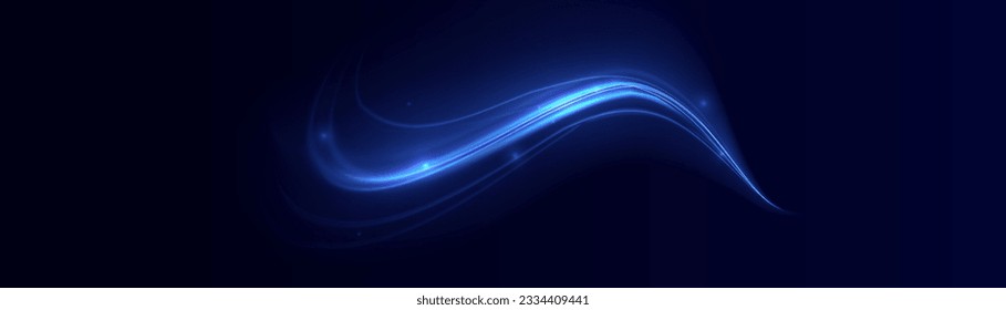 Blue glowing shiny lines effect vector background. Luminous white lines of speed. Light glowing effect. Light trail wave, fire path trace line and incandescence curve twirl.