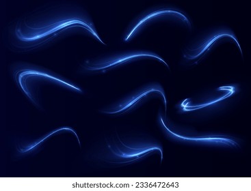 Blue glowing shiny lines effect vector background. Luminous white lines of speed. Light glowing effect. Light trail wave, fire path trace line and incandescence curve twirl.