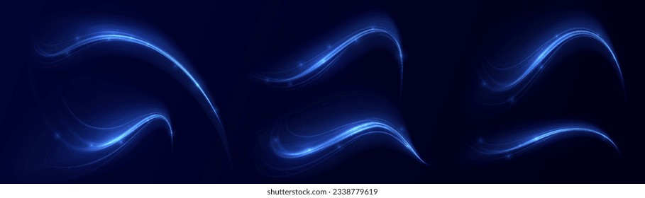 Blue glowing shiny lines effect vector background. Luminous white lines of speed. Light glowing effect. Light trail wave, fire path trace line and incandescence curve twirl.