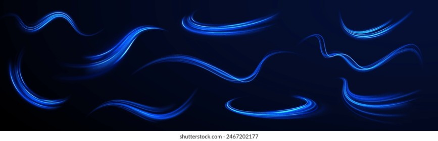 Blau leuchtende glänzende Linien wirken auf Kometen-Vektorgrafik Hintergrund. Licht-Alltagsglühender Effekt. Halbkreiswelle, Lichtspurkurvenwirbel, Optisch.