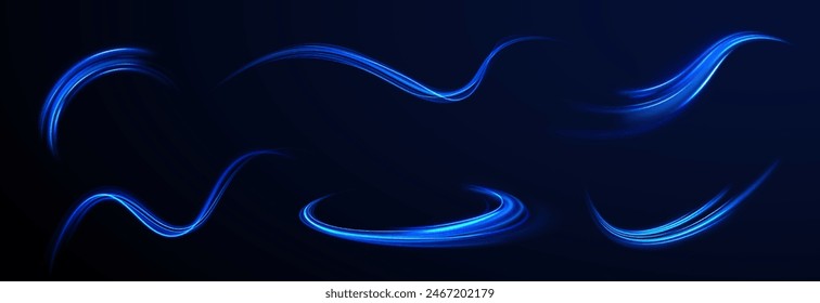 Fondo de Vector de cometa de efecto de líneas brillantes azules. Efecto luminoso diario. Onda semicircular, remolino de curva de sendero ligero, óptico.