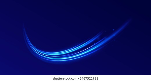 Blue glowing shiny lines effect comet vector background. Light everyday glowing effect. semicircular wave, light trail curve swirl, optical.