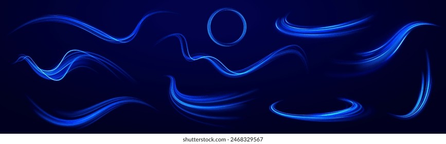 Fondo de Vector de cometa de efecto de líneas brillantes azules. Efecto luminoso diario. Onda semicircular, remolino de curva de sendero ligero, óptico.