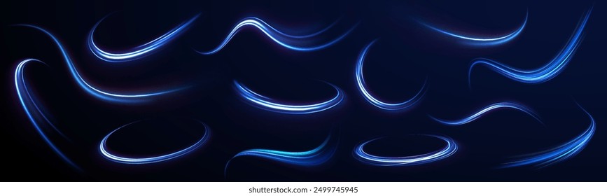 Blue glowing shiny lines effect vector background. Luminous white lines of speed. Light glowing effect. Light trail wave, fire path trace line and incandescence curve twirl.