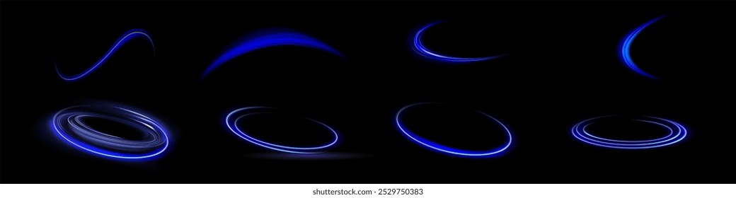 Blue glowing shiny lines effect vector background. Luminous white lines of speed. Light glowing effect. Light trail wave, fire path trace line and incandescence curve twirl.