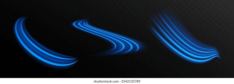 Blue glowing shiny lines effect vector background. Light glowing effect. Light trail wave, fire path trace line and incandescence curve twirl.
